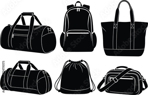 Black silhouette collection of duffel bag, backpack, tote, crossbody, drawstring bag, vector illustration, travel, fashion, accessory icons