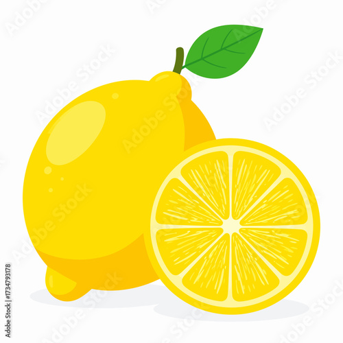 Vibrant yellow lemon with a slice, showcasing its fresh texture and bright green leaf, perfect for culinary and health-related designs