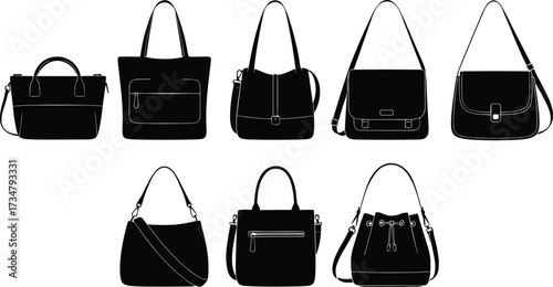 Handbags, tote bags, satchel bags, crossbody bags, bucket bag, women’s fashion handbags, leather purses, vector , isolated icons, stylish bag, accessory, modern ha