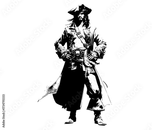 a black and white illustration of a pirate character standing confidentlyblack, cape, caribbean, catch, cloak, costume, dress, gun, hand, man, pirate, robe, sun hat, sword, trench coat, walk, white 