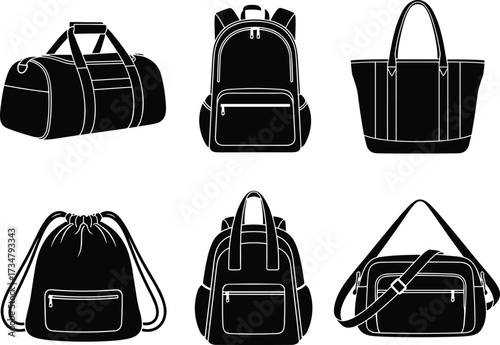 Set of black bag icons, travel backpack, duffel, tote, drawstring, crossbody, school bag, minimalist vector silhouette collection