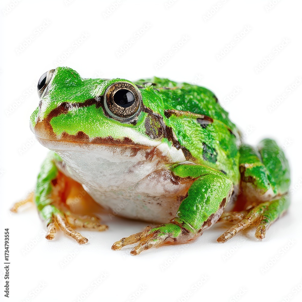 Obraz premium Close-up Portrait of a Green Frog on White Background, Amphibian Wildlife