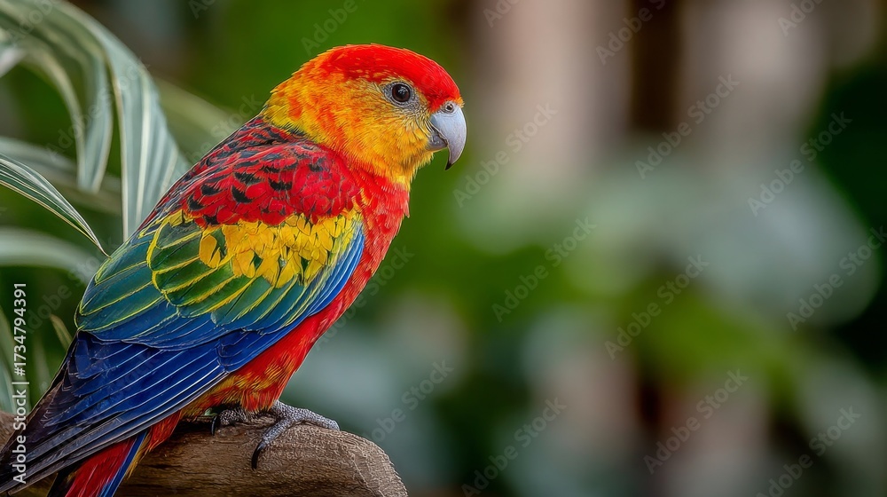 Fototapeta premium Colorful Macaw Perched on Branch in Lush Tropical Forest Scene