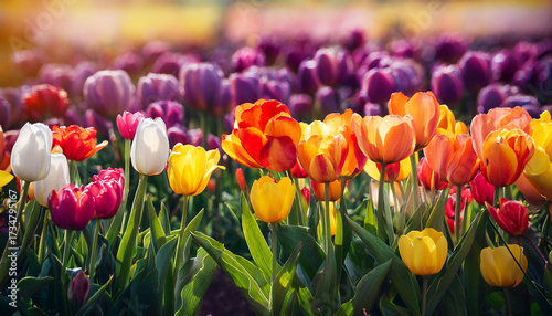 Close Up Of Multi Colored Tulips In Field