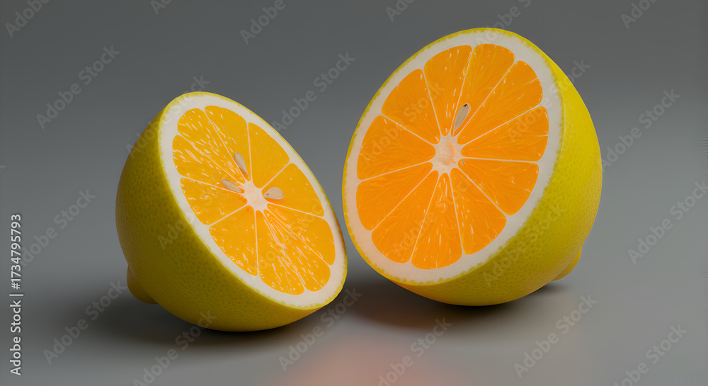 Fototapeta premium Two lemon halves showcase vibrant citrus fruit on a gray surface highlighting freshness and natural beauty for healthy eating and lifestyle concepts.