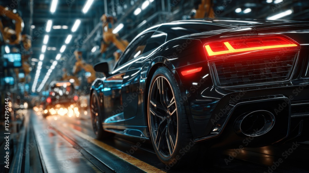 Fototapeta premium Sleek car on an automated production line, highlighted by robotic arms and gleaming metal, illustrating advanced industrial manufacturing for automotive excellence.