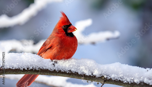 Red Northern Cardinal Bird Perched On Snow Covered Branch After Winter Storm