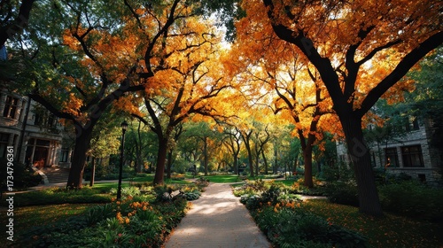 Beautiful Autumn Park Scene with Trees and Pathway in Golden Light
