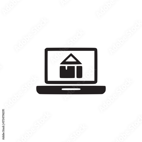 Vector art of online real estate icon this minimalist vector graphic features a laptop displaying a house, perfect for property, home, and internetrelated themes its clean design ensures versatility