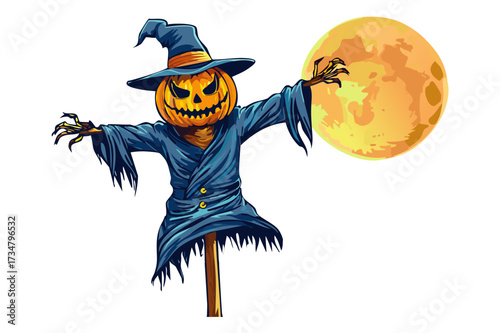 A spooky Halloween scarecrow with a glowing pumpkin head and moon,  scary scarecrow with pumpkin head wearing coat, Spooky scarecrow with pumpkin head for Halloween designs and eerie autumn projects