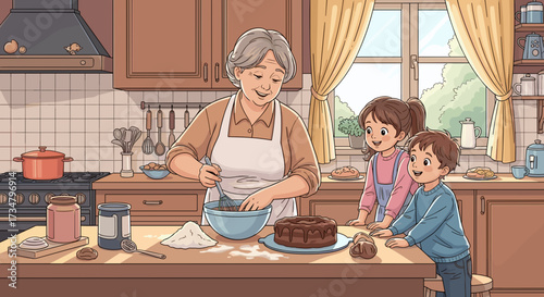 Grandmother baking cake with grandchildren in kitchen scene illustration for family baking time concept