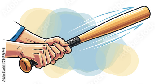 Illustration of hands gripping baseball bat swinging fast for sports equipment and game action concept