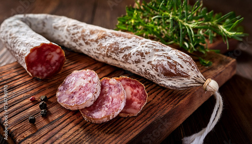 Traditional French Saucisson Cut On Rustic Wooden Board With Herbs