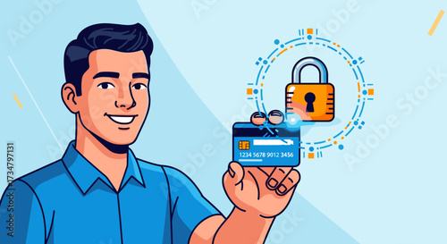 Credit card security tips for online shopping and fraud prevention with man holding secure payment card