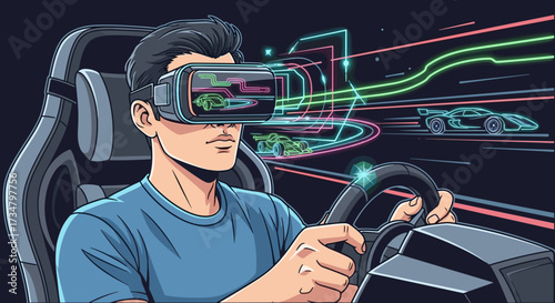 Experience virtual reality racing with vr headset and steering wheel for immersive gaming and simulation fun