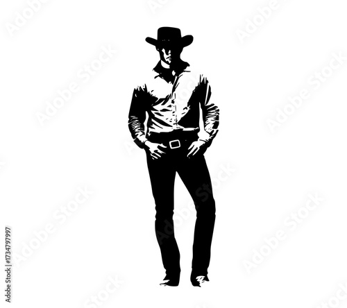 a silhouette of a cowboy standing with his hands in his pocketsbelt, black, cowboy, cowboy hat, fedora, gun, handgun, hat, hip, man, pocket, shirt, stand, sun hat, wear 
