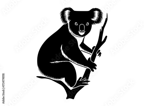 a black and white silhouette of a koala sitting on a tree branchanimal, black, branch, eucalyptus tree, illustration, image, koala, profile, sit, tree, tree branch 