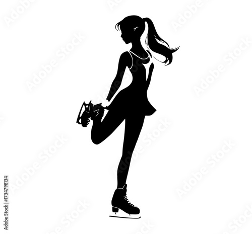 a silhouette of a girl figure skating, holding a water gunbeautiful, black, catch, dress, girl, profile, roller skate, shopping bag, skate, woman 