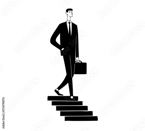 a man in a suit walking up a set of stairs, carrying a briefcasebalustrade, black, briefcase, business suit, businessman, climb, illustration, man, profile, stair, stand, suit, tie, walk 
