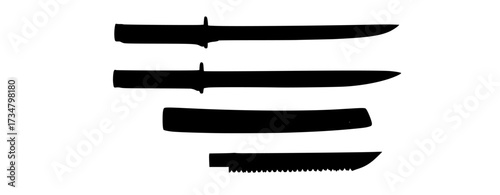 Four different types of knives displayed on a white surface, including a knife sheath and a knife blade, all in blackblack, blade, brush, comb, handle, mascara, razor, sword, tool 