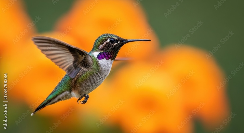 Fototapeta premium Vibrant hummingbird in flight against bright orange flowers