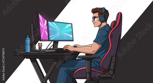 Illustration of a gamer playing video games on a dual monitor setup wearing headphones and glasses online