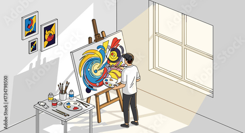 Artist painting abstract art on canvas in studio with easel and paints near window with natural light