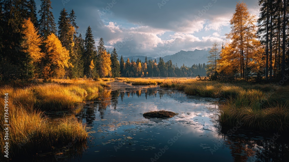 Naklejka premium Scenic Autumn Landscape with Golden Trees and Mountain Reflection in Lake