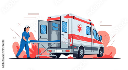 Emergency medical technician assisting in ambulance with stretcher for quick hospital services
