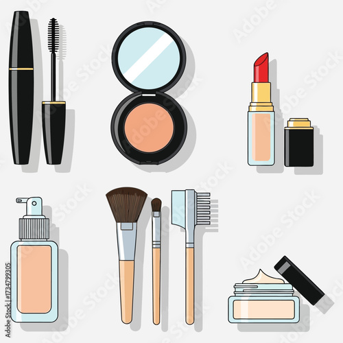 Collection of essential makeup items including foundation, lipstick, mascara, blush, and brushes