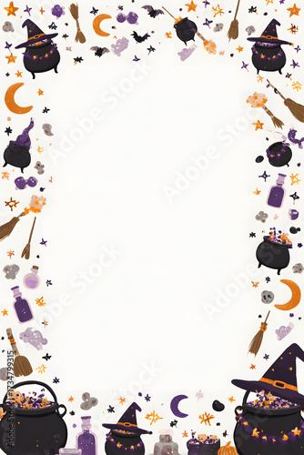 Witch-themed Halloween frame design featuring hats, cauldrons, potions, and glowing star accents.