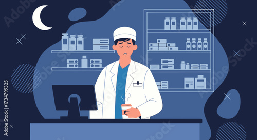 Exhausted pharmacist holding coffee cup during a night shift in drugstore illustration background