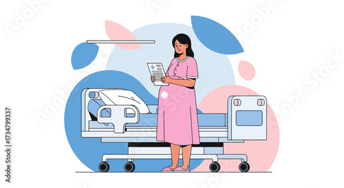 Expecting mother reviews medical documents in a hospital room with an adjustable bed for childbirth