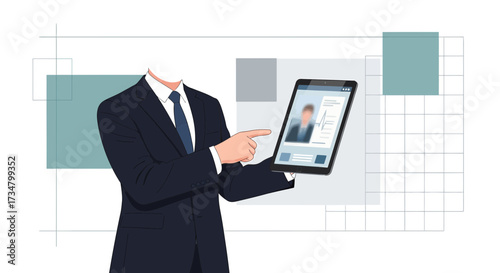 Faceless professional presenting data on a tablet in a modern business context