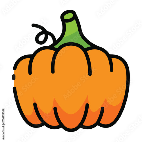 Orange pumpkin with green stem and tendril