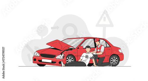 First Responder Assisting Car Accident Victim, Providing Aid and Medical Care after a Vehicle Crash