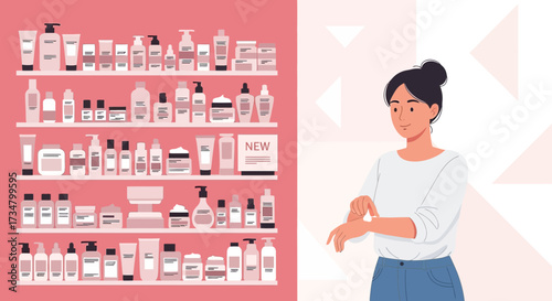 Flat vector illustration of woman applying skincare cream with shelves of products