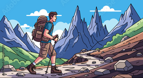 Illustration of man hiking in mountains with backpack and trekking poles adventure travel outdoors scenic view