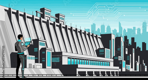 Futuristic depiction of a technician monitoring a hydroelectric dam in a modern city