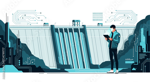 Futuristic hydroelectric dam concept with engineer and digital overlays showcasing innovation and