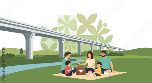 Happy family enjoying a picnic day near a modern transportation bridge surrounded by nature park
