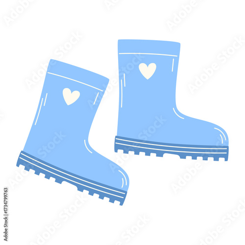 Pair of blue rubber boots with white hearts