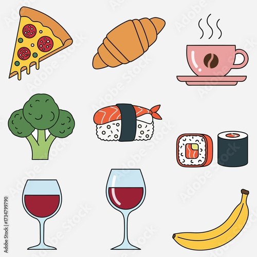 Delicious Fast Food and Drink Icons Featuring Pizza, Croissant, Coffee, Sushi, Broccoli, Wine, and Banana