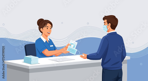 Healthcare worker handing out protective face masks to a patient during pandemic times