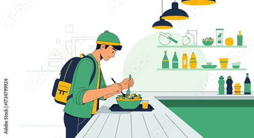 Healthy Eating Habit Concept Illustration of Young Man Preparing Salad at Home Kitchen with Backpack