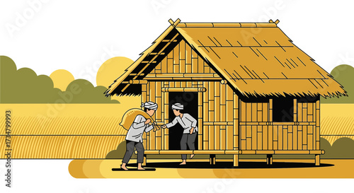 Illustration depicting a farmer delivering a sack to a bamboo house in a rural setting for