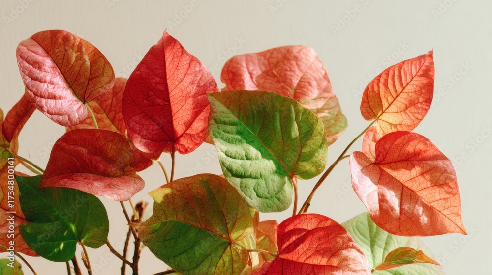 Obraz premium Close-up view of vibrant autumn leaves displaying shades of red and green against a neutral background. The intricate texture of the leaves captures the beauty of seasonal change.