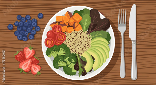 Healthy food bowl recipe with fresh avocado, quinoa, broccoli, sweet potato, tomatoes and berries on wood table