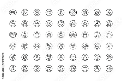 Vector art of assortment of 50 handdrawn food and drink icons presented in circular outlines