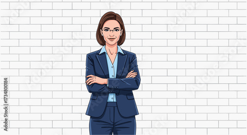Illustration of a confident businesswoman in a suit standing against a brick wall background image